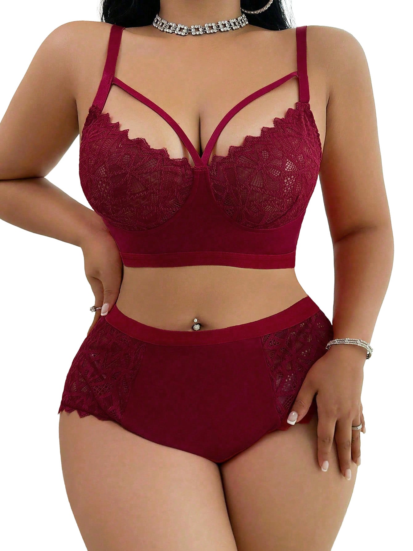 Alrovetoney 2pcs Bra and Panty Set Plus Size Wireless Women's Lingerie Sets Contrast Lace Cut Out