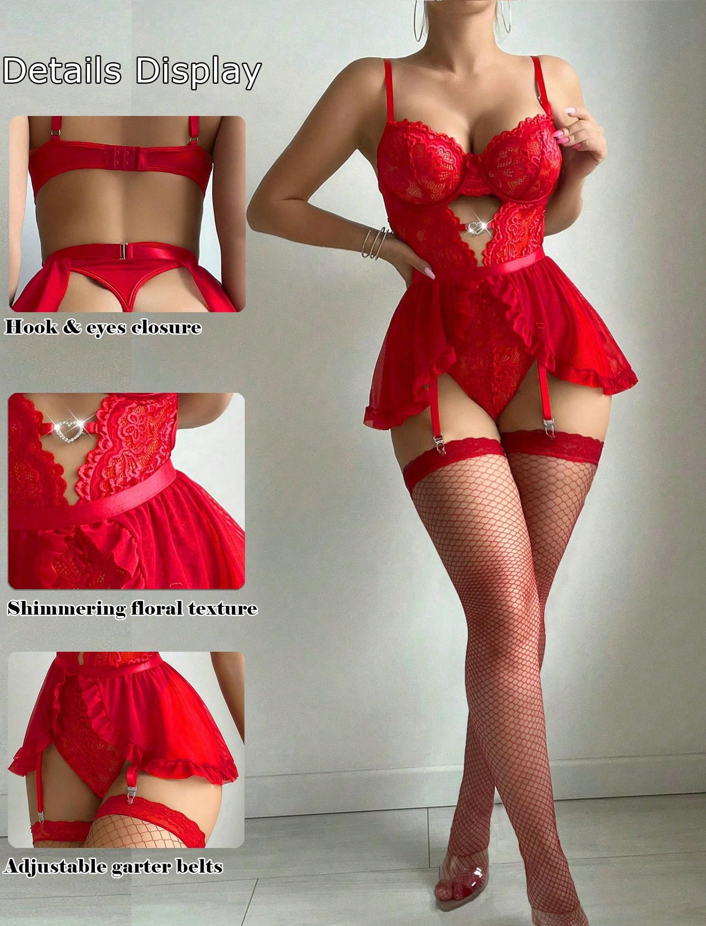 Alrovetoney Women Lingerie with Garter Belt 4pcs Set Lace Contrast Mesh Bodysuit Ruffle Garter Belt Skirt Red
