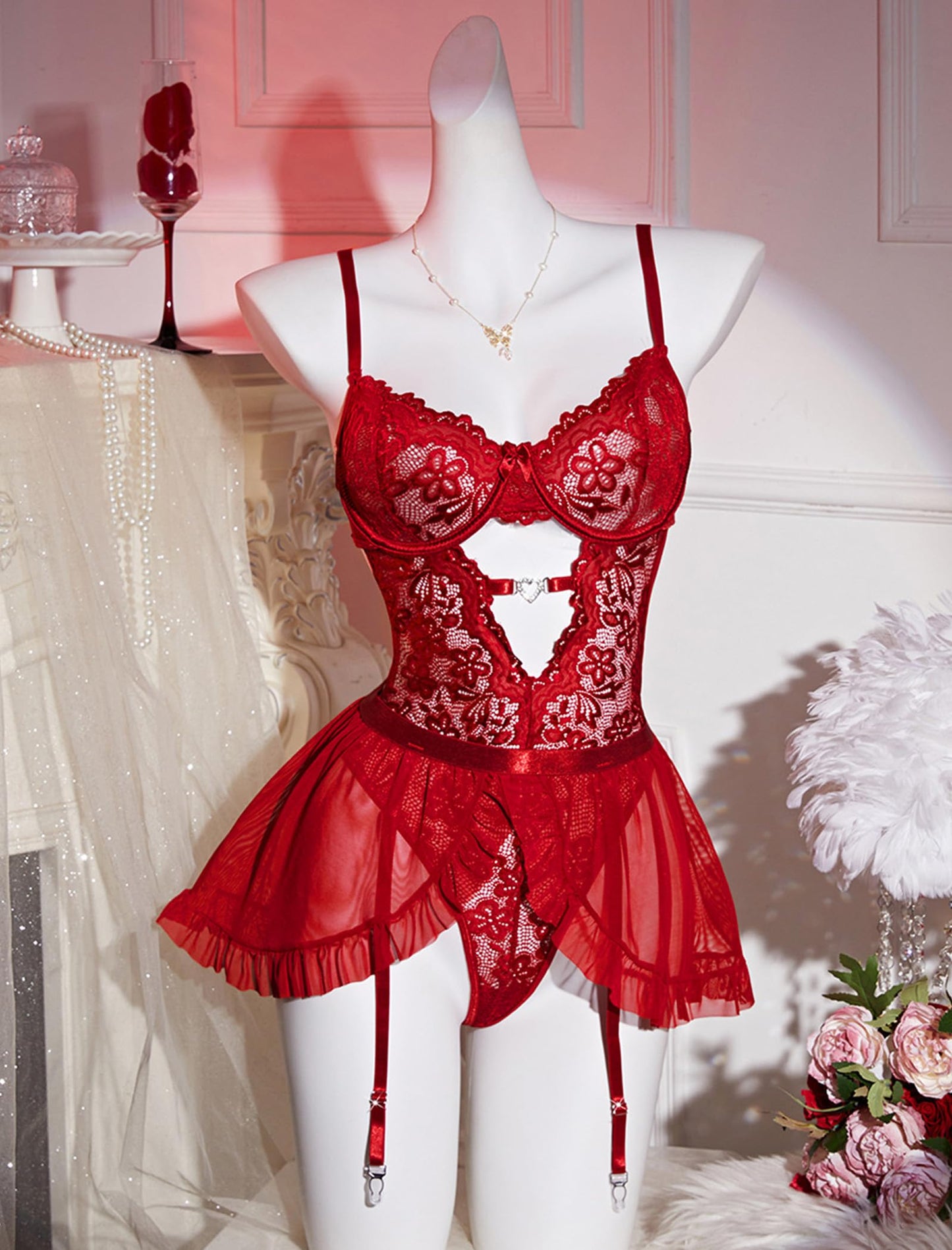 Alrovetoney Women Lingerie with Garter Belt 4pcs Set Lace Contrast Mesh Bodysuit Ruffle Garter Belt Skirt Red